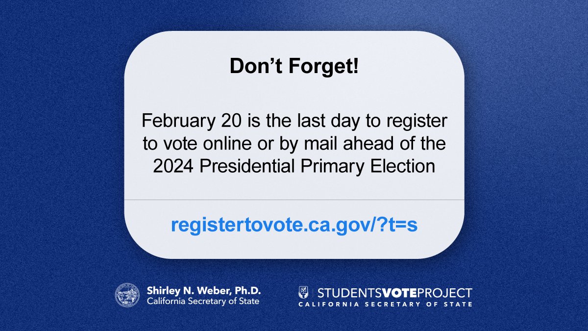 SJSUvotes's tweet image. Feb 20th is the last day to register to vote and receive a vote-by-mail ballot for the March 5th Presidential Primary Election. @SJSU register to vote here registertovote.ca.gov/?t=s 
#sjsuvotes @sjsucoss @as_sjsu @SLSVCoalition @IpaceSjsu @SJSUCCLL @cucsjsu @DiversitySJSU