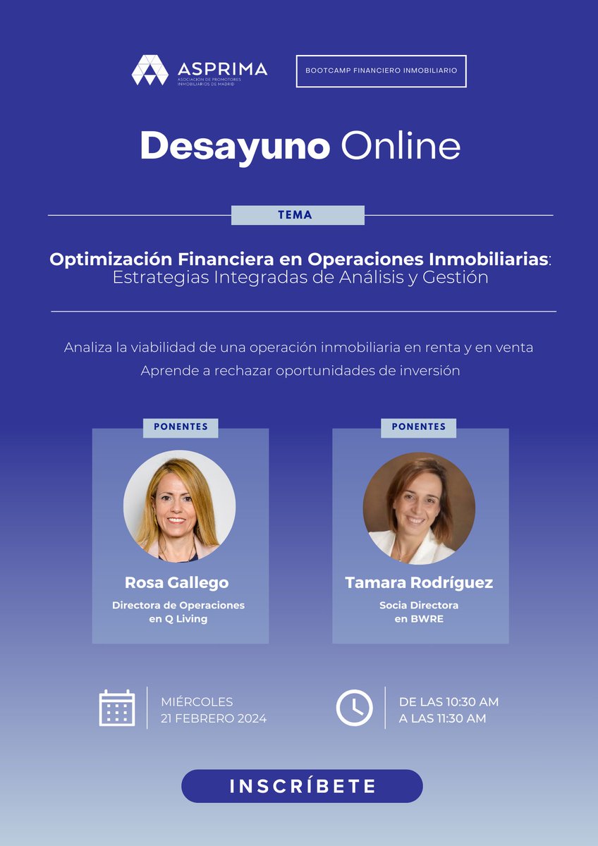 ⚡️𝗗𝗲𝘀𝗮𝘆𝘂𝗻𝗼 𝗢𝗻𝗹𝗶𝗻𝗲 𝗔𝗦𝗣𝗥𝗜𝗠𝗔 ⚡️Regístrate de forma gratuita a la Masterclass “Optimización Financiera en Operaciones Inmobiliarias”

La sesión girará en torno a un #CasoPráctico situado en el panorama actual inmobiliario.  

📆 Miércoles 21 feb
🕖 10:30 a 11:30