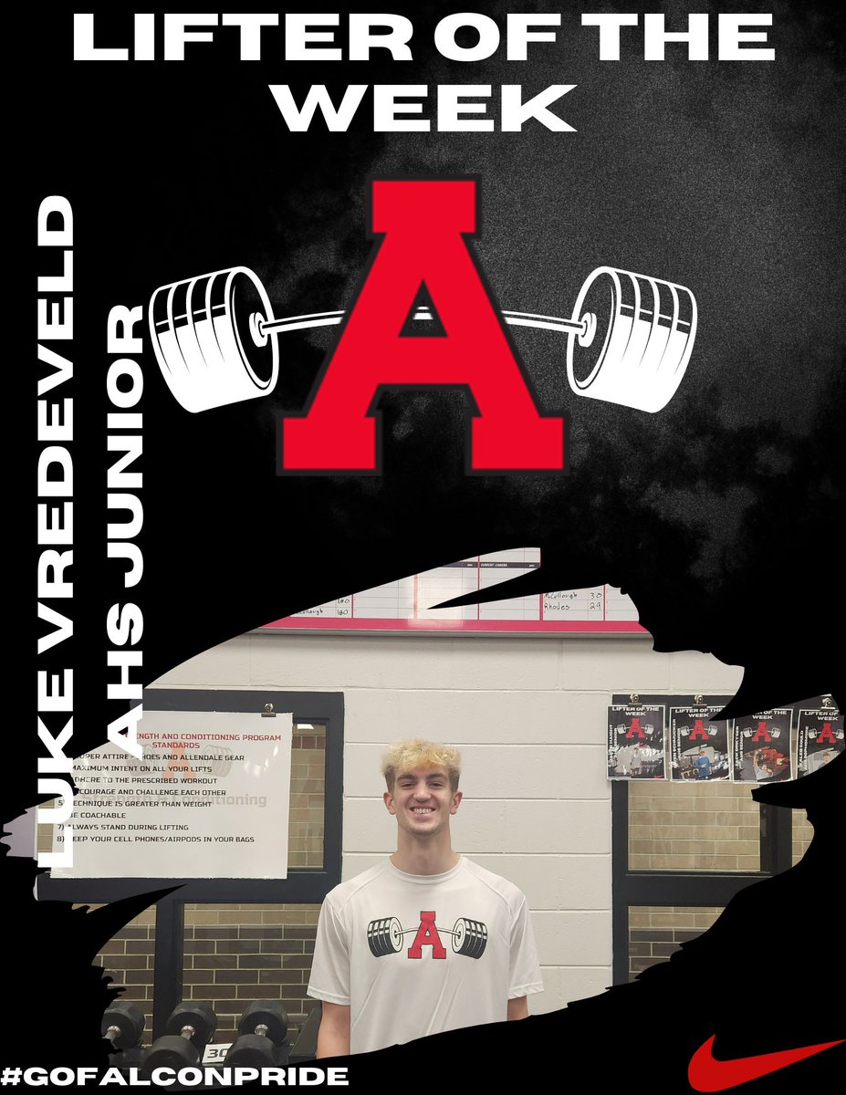 The last 2 lifters of the week, Luke Vredeveld and Ian Bunce! Both are AHS juniors. These students  demonstrated Falcon P.R.I.D.E in the weight room all week. #gofalconpride