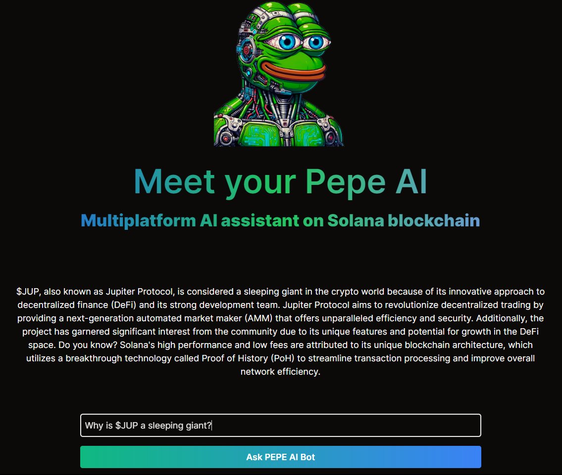 pepeAIbot_sol's tweet photo. @cozypront Pepe AI Bot knows why $JUP is a sleeping giant! 🐸⁉️

Ask Pepe AI Cozy! 

https://t.co/MF8qo6g5Dc https://t.co/Cj0w7dSMzS