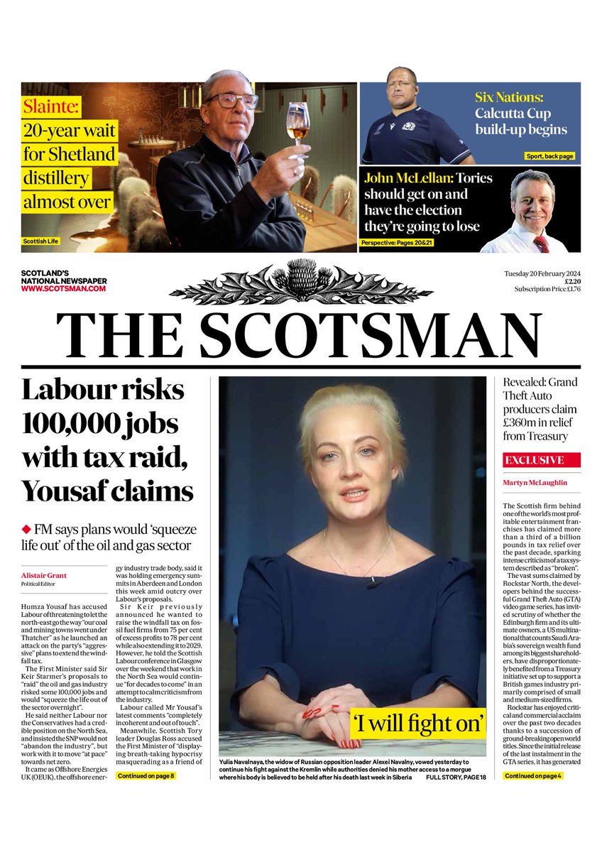 Tuesday’s SCOTSMAN: “Labour risks 100,000 jobs with tax raid, Yousaf claims” #TomorrowsPapersToday