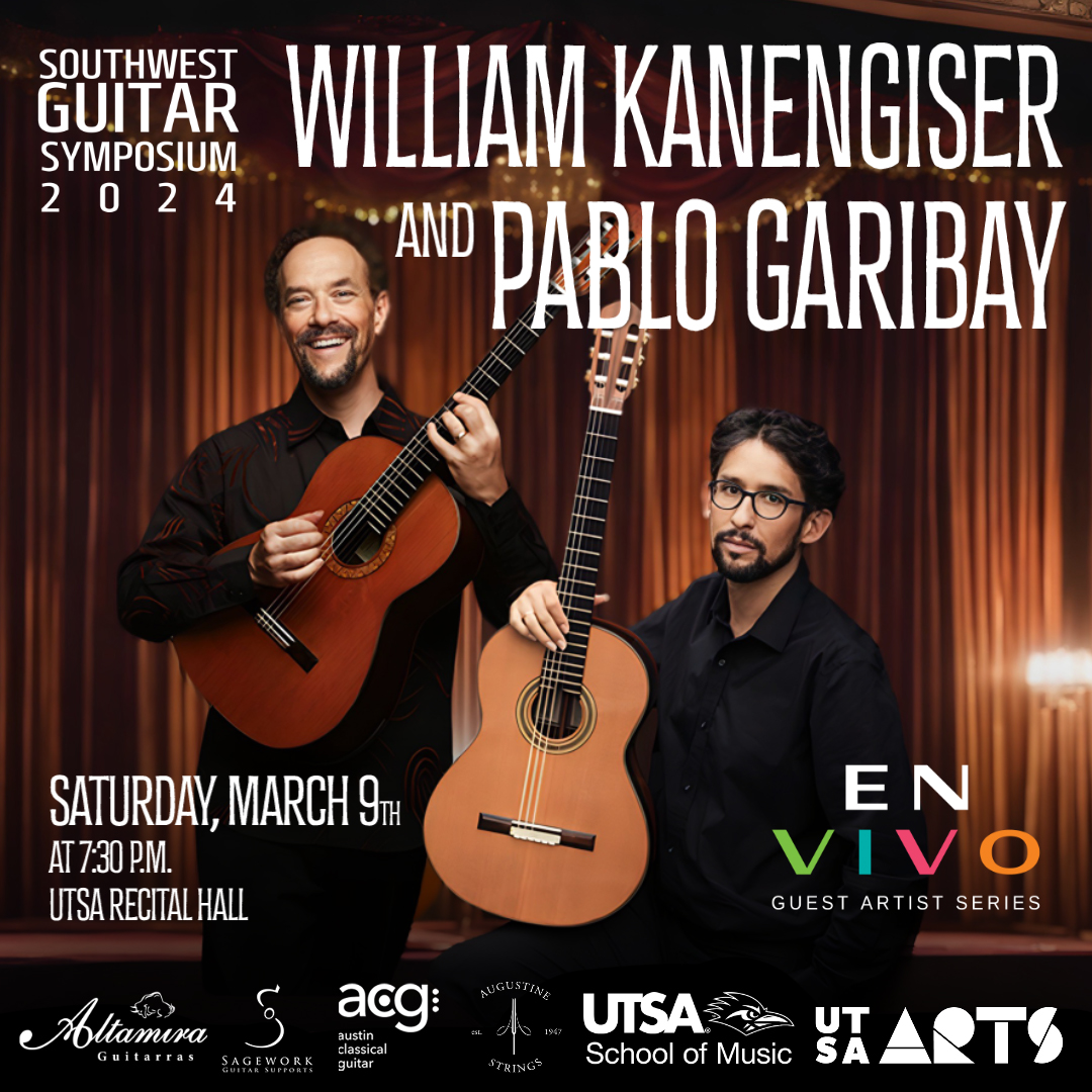 UTSAmusic's tweet photo. We have two world-class guitarists performing a doubleheader at the Southwest Guitar Symposium! Grammy-winning artist William Kanengiser is joined by acclaimed Mexican guitarist Pablo Garibay for a can't-miss concert!
Learn more at https://t.co/wFsieRCSE0 ๐ถ๐ค #UTSAMusic https://t.co/9RVIz05fTI