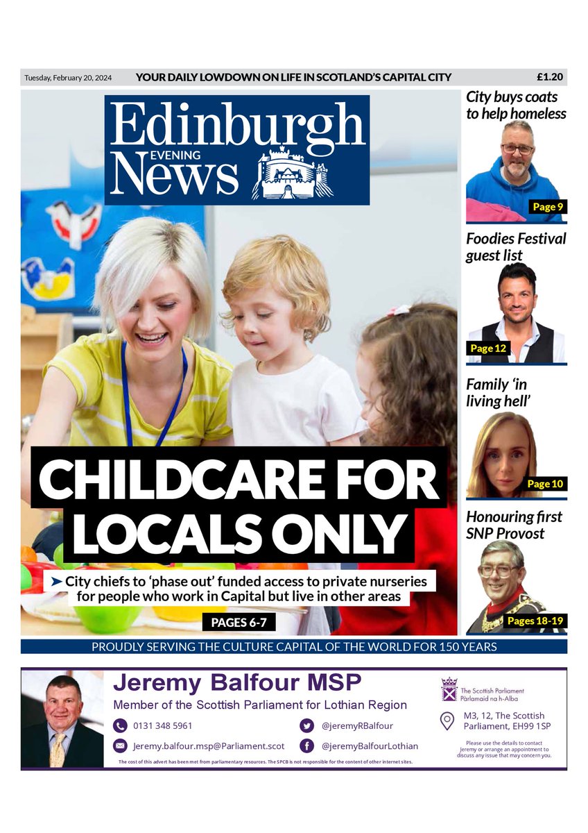 Tuesday’s EDINBURGH News: “Childcare For Locals Only” #TomorrowsPapersToday