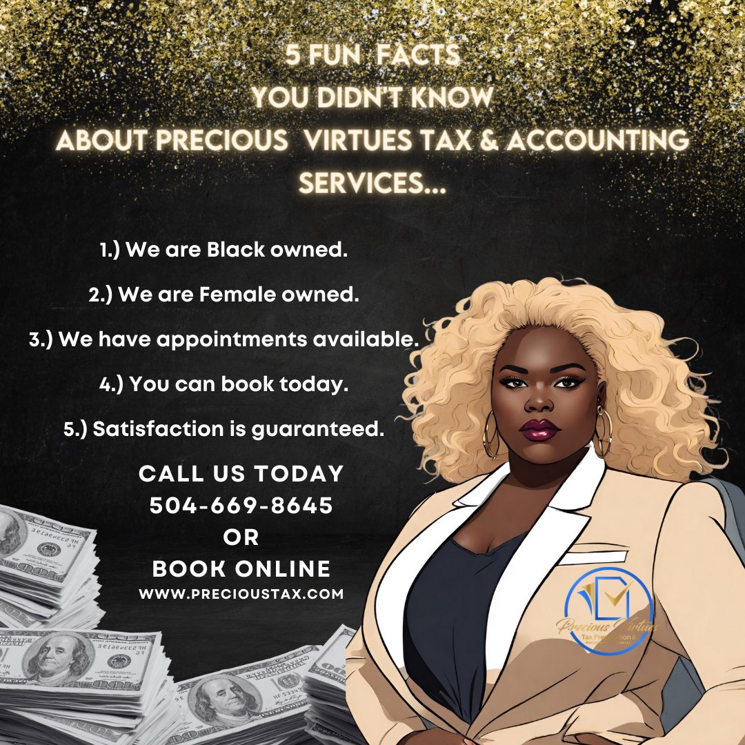 Kenoshacperry's tweet photo. It’s MONEY 💴 MONDAY!!! Contact us today for your tax preparation and accounting needs!!! @precious_virtues_tax_prep
https://t.co/Vr92oykR2S 
(504)-669-8645
Kenosha@precioustax.com 

#preciousvirtuestaxprepandacctingsvcsllc #pvtpas #taxes #nola #nolataxes #NewOrleans #accountant https://t.co/JaQPOGQR3G
