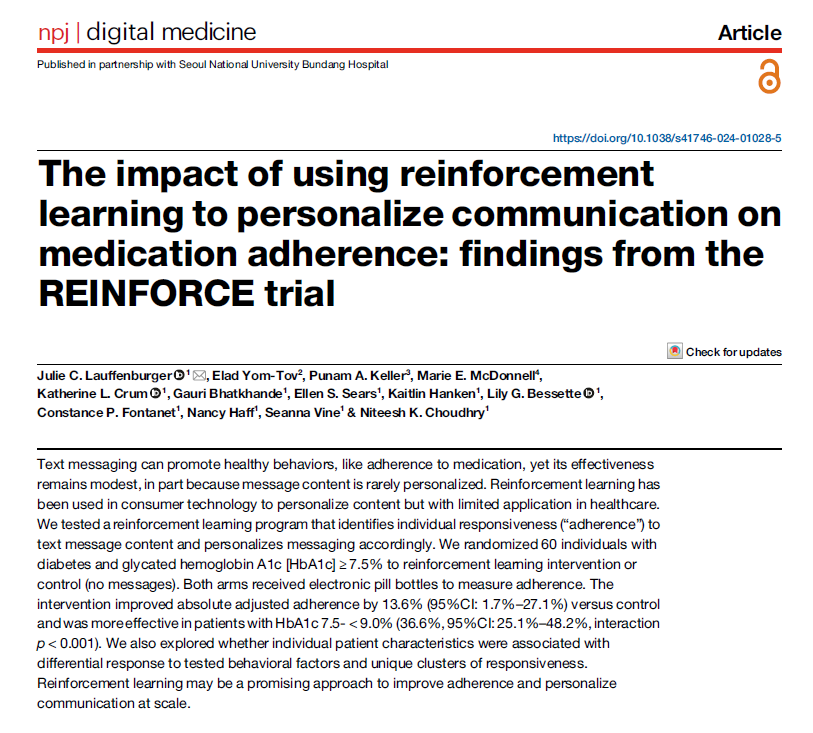 This RCT shows a 13.6% inc. in #medicationadherence in patients with #diabetes using a text messaging program that personalizes content with reinforcement learning. This approach could help personalize healthcare communication & aid self-management. nature.com/articles/s4174…