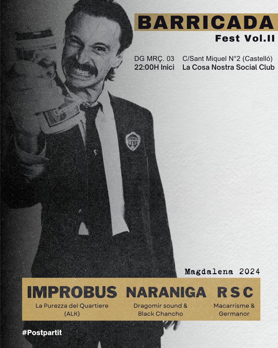 Ha arribat el dia, ens complau poder anunciar-vos el nostre II Barricada Fest.

La jornada albinegra no s’acabarà al minut 90, sinó que seguirem la festa de la grada al Carrer Sant Miquel n°2 (<a href="/LaCosaNostraCS/">La Cosa Nostra Castelló Antifa Social Club</a> ) a partir de les 22:00.

CANYA I GRADA! 🧨🎋