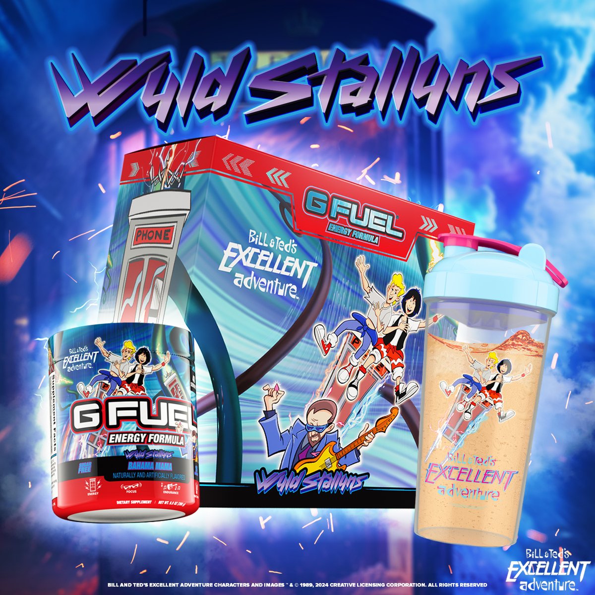 💙 𝗟𝗜𝗞𝗘 + 𝗥𝗧 to win a BODACIOUS-LY delicious #BillAndTed x #GFUEL '𝗪𝗬𝗟𝗗 𝗦𝗧𝗔𝗟𝗟𝗬𝗡' Collector's Box! 🎸 2 winners picked later this week to celebrate the launch of this MOST EXCELLENT new take on our CLASSIC Bahama Mama Flavor! 🛒 𝗦𝗛𝗢𝗣: GFUEL.ly/wyld-stallyns-x