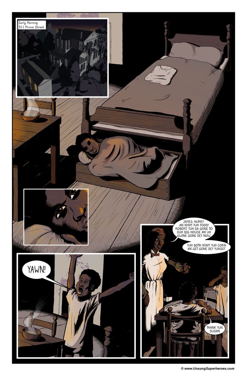 Unveiling early mornings in my Robert Smalls graphic novel! Susan, a McKee household slave, sets the tone, waking Robert and her son James. Susan's role unfolds in pivotal ways later in Robert's journey. 
#RobertSmalls #RobertSmallsComic #BlackHistoryMonth #BlackComics