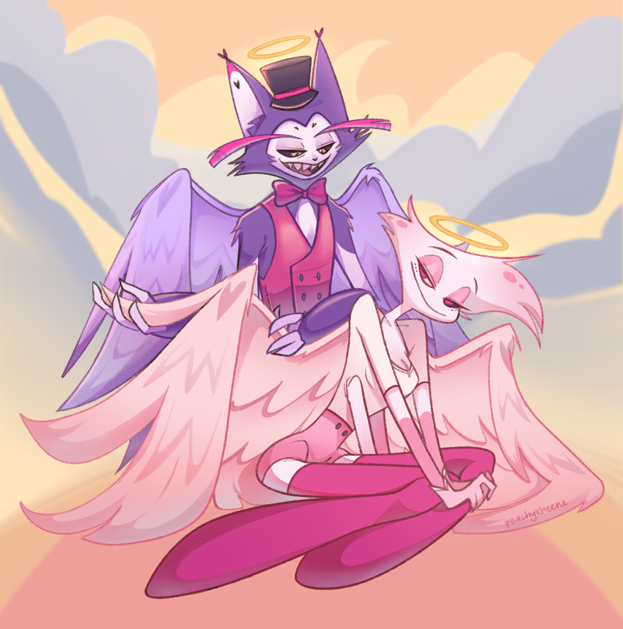 peachykheene's tweet photo. i'm very late to #HuskerDustWeek2024 but i did manage to get day 7 (afterlife) DONE! angel's never had wings before, but luckily husk's got all the knowledge and experience for the both of them 👼
#hazbinhotel #huskerdust https://t.co/h9eDvmdEXf