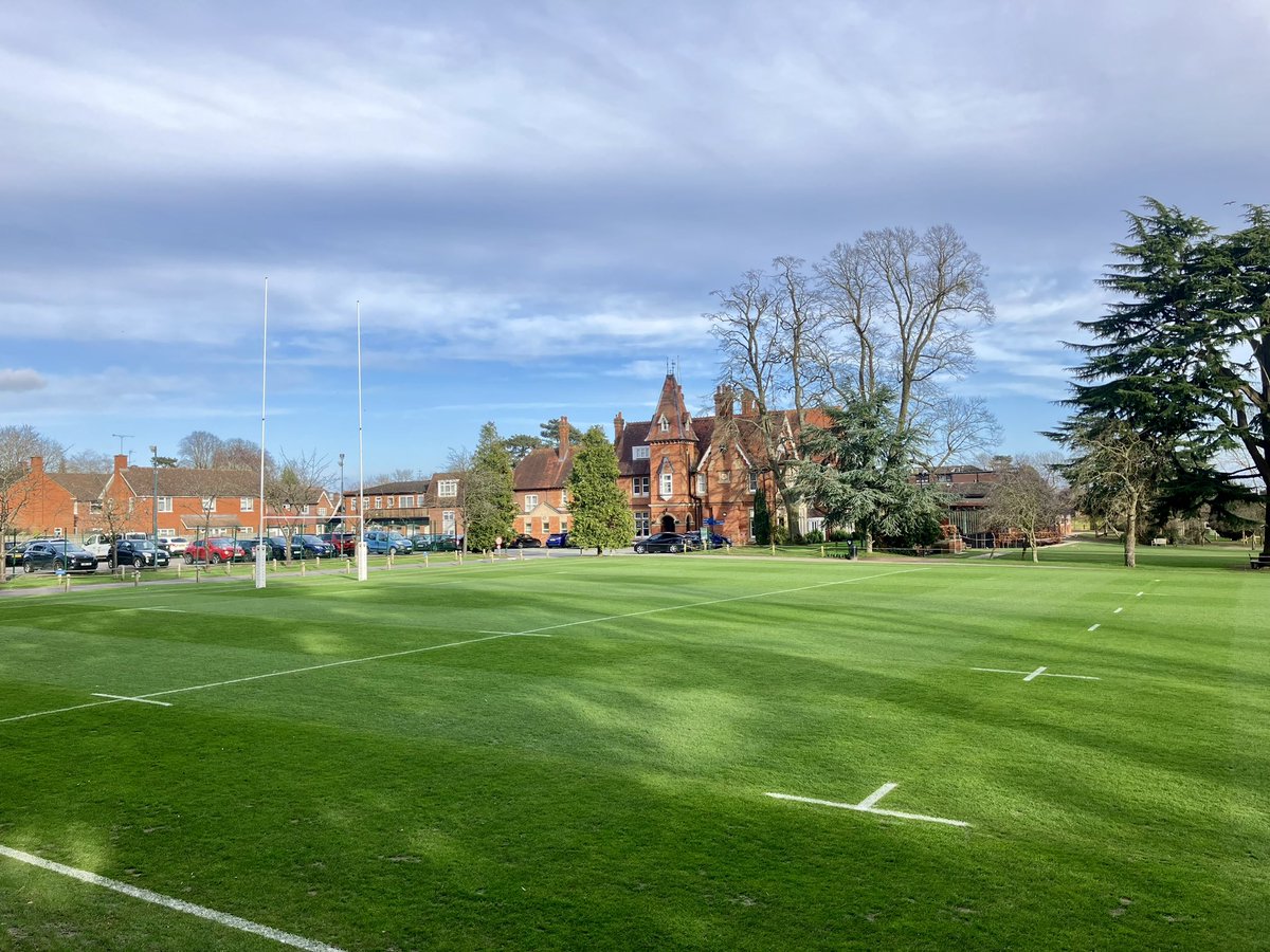 RobCourt89's tweet photo. Despite all the rain we’ve had recently, the 1st XV pitch is looking good as we approach our Rugby 7s week. 

Aerated across play with solid tines down to 5 inches on Thursday &amp; then a cylinder cut, the lines cut out &amp; then an over-mark today. https://t.co/CkIM8zMDZ7