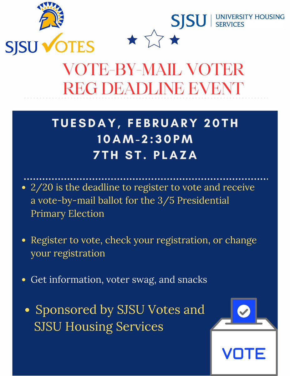SJSUvotes's tweet image. Spartans, join us tomorrow! Register to vote, check or change your voter registration, track your ballot, get nonpartisan info about the upcoming election. #sjsuvotes #VoteReady @SLSVCoalition @SJSU @sjsucoss @CASOSVote