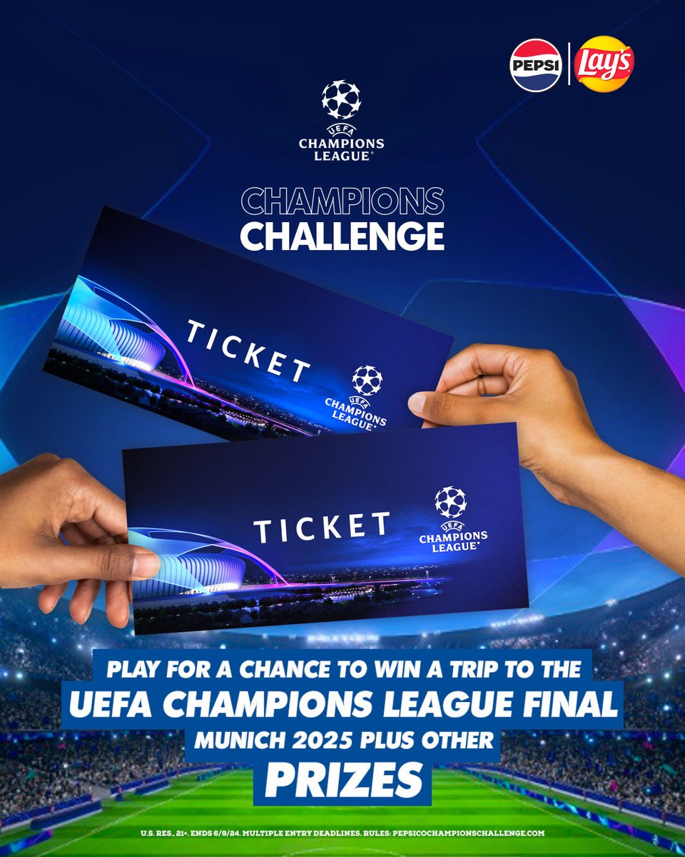 Enter for a chance to WIN a trip to the UEFA Champions League final in Munich 2025! Participate in our weekly trivia for a chance to win merchandise and the trip of a lifetime. @pepsi @LAYS U.S. res., 21+. Ends 6/9/24. Multiple entry deadlines. Rules: pepsicochampionschallenge.com