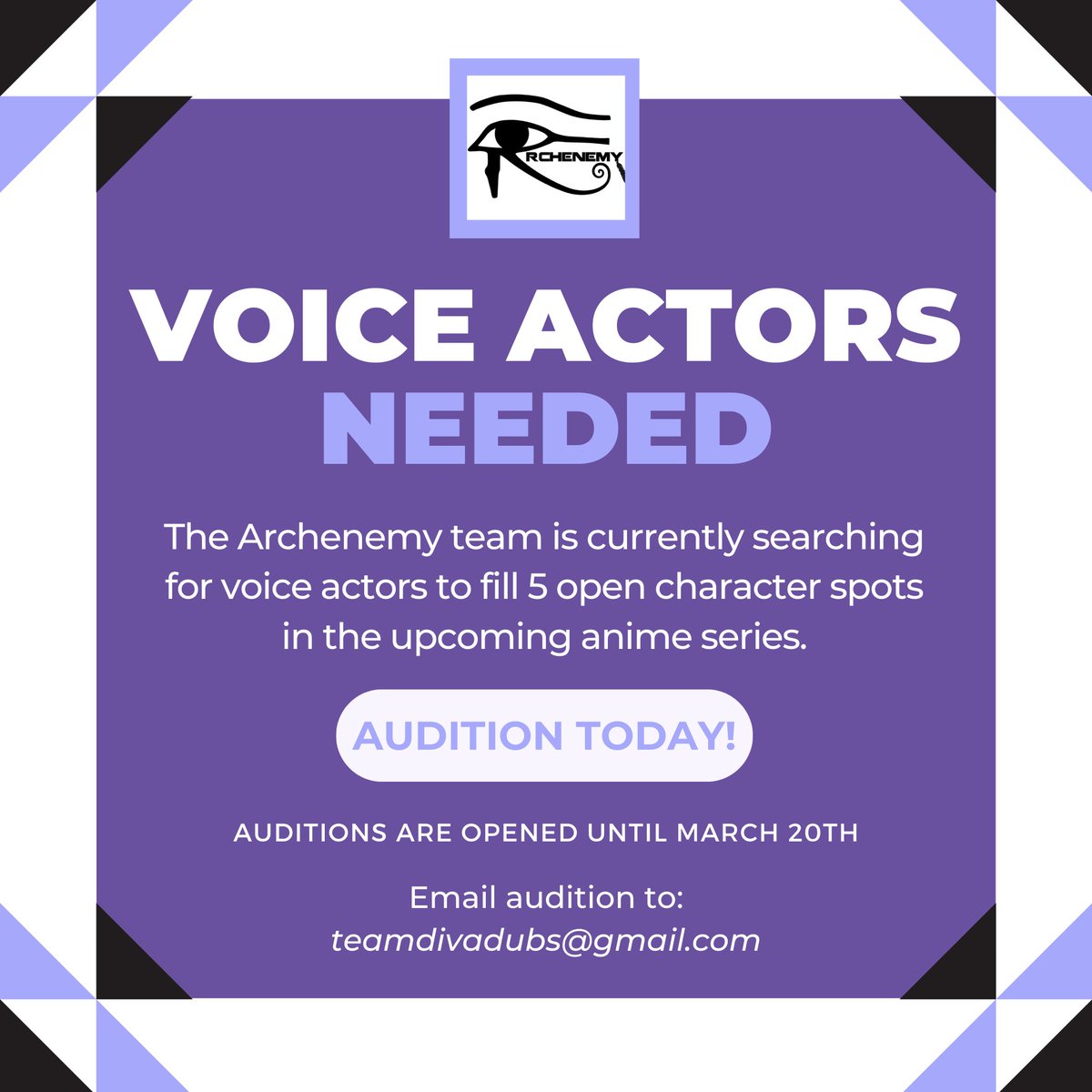 TeamDIVAdubs's tweet photo. ⭐️ VOICE ACTORS NEEDED ⭐️

We are currently looking for voice actors to voice 5 characters in our pilot episode.

Check out the audition details here: https://t.co/zmgKlx8gXr

Email all auditions to: teamdivadubs@gmail.com

✨Deadline is March 20th✨

Any questions? Send us a DM! https://t.co/T59oQd3Dvf