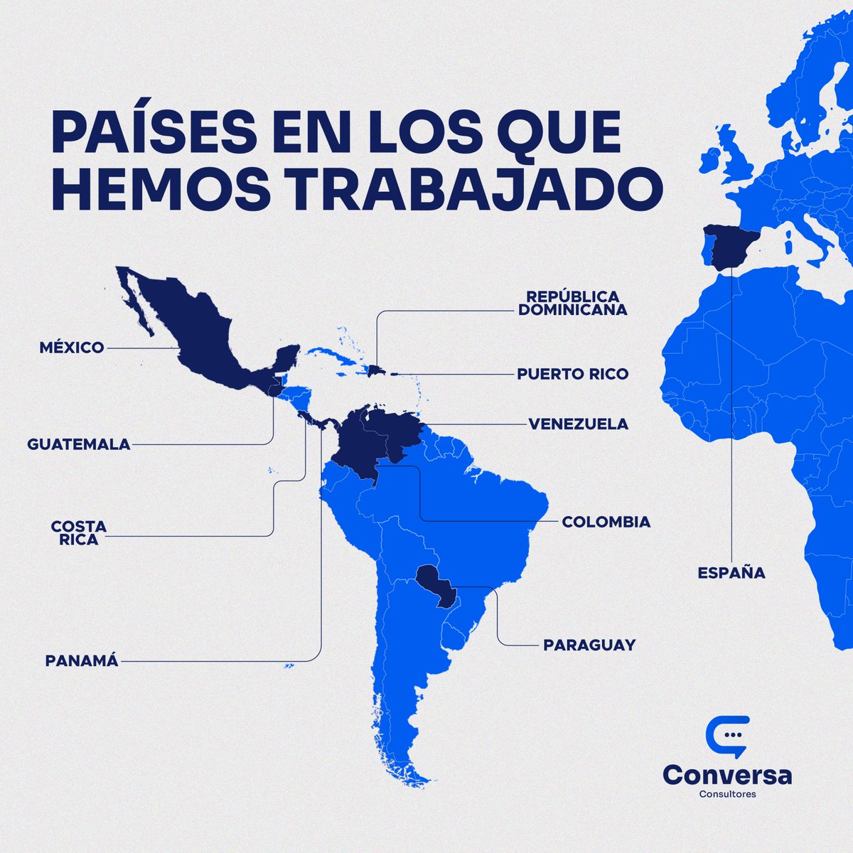 🌎 Junto a nuestros clientes y aliados, hemos tenido la oportunidad de trabajar en 10 países de Hispanoamérica.

¡Y seguimos sumando! 

#ConversaConsultores #ComPol