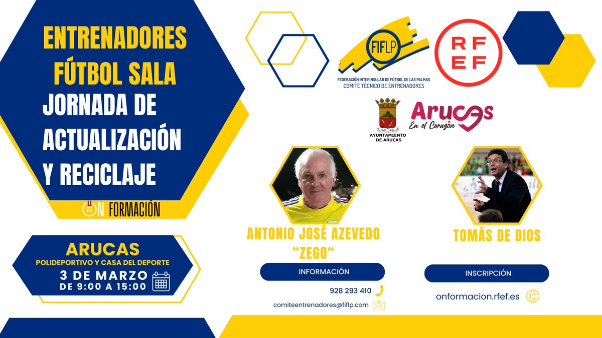 👨‍🏫 | Nuevas jornadas de actualización para entrenadores de Fútbol Sala 🗣️Antonio José Azevedo 'Zego' y @tomasdediosfs 📆3 de marzo 📍Arucas @turismoarucas ℹ️⬇️ @FormacionRFEF @costamoganfs @futbolsalalp fiflp.com/comunicaci%C3%…