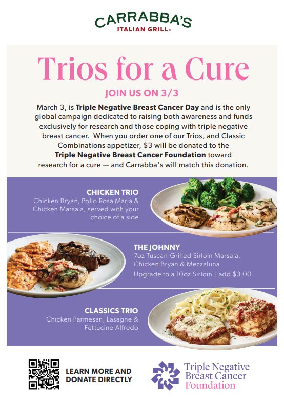 Save the Date + Make Your Reservation! 🍽️ On Sunday, March 3rd, we’re teaming up with @Carrabbas Italian Grill to raise funds for triple negative breast cancer research in honor of Triple Negative Breast Cancer Day! 💜