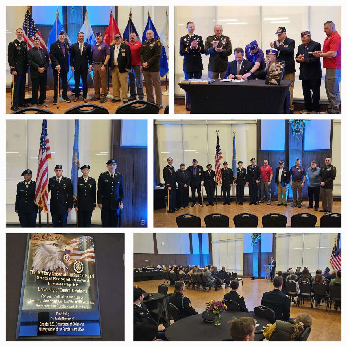 Today, @UCOBronchos President, @ToddGLamb, signed a Proclamation designating UCO a Purple Heart University. The State of Oklahoma Commander of @MOPH_HQ joined him on stage for this great event. the UCO @ArmyROTC provided the Color Guard. It was an honor to support this event.