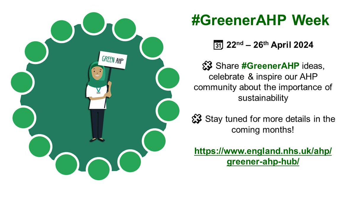 🚨#GreenerAHP week alert! 🧩 The schedule for our second #GreenerAHP week in England between 22-26 April is now live   🧩 Full schedule & other info can be found here 👉 england.nhs.uk/ahp/greener-ah…   @WeAHPs @HindleLinda  @e8Muffin @Sholmes_SLT @kidzfizz @SusHealthcare @GreenerNHS