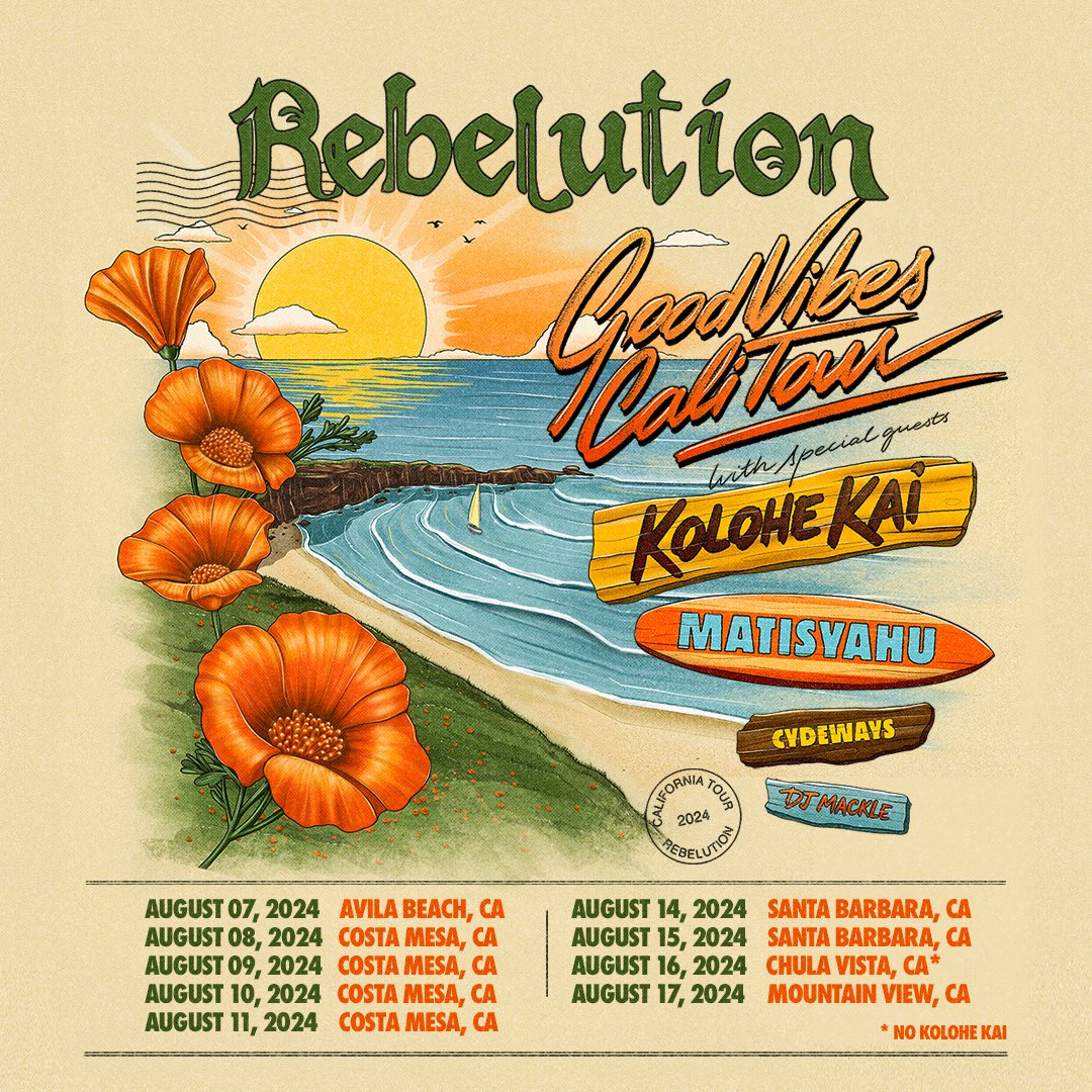 RebelutionMusic's tweet image. We’re keeping it close to home this summer for the Good Vibes Cali Tour! See you this August!

Excited to have @kolohekai_music, @matisyahu, @CydewaysMusic, and @DJMACKLE join us.

Pre-sale starts Wednesday at 10am local time. General on-sale starts Thursday at 10am local time.