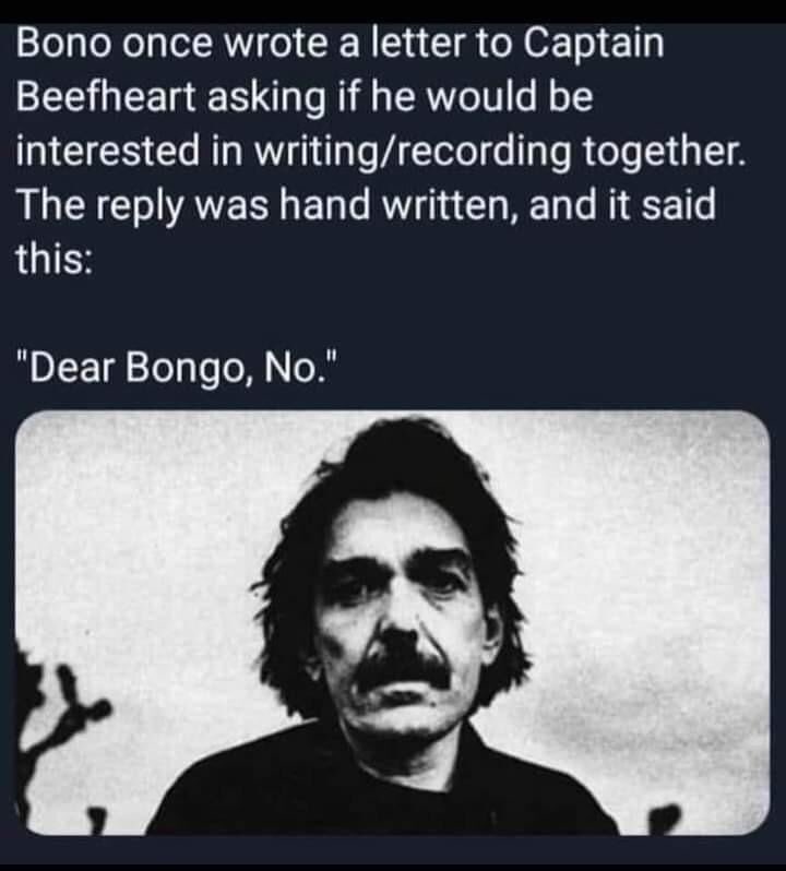 “Dear Bongo, No.” 😂🤣👍

#CaptainBeefheart #U2 #Bono #Bongo