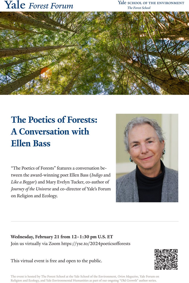 On February 21, I will be in conversation with Mary Evelyn Tucker about the poetic dimensions of forests, including how the old growth forests near my home in Santa Cruz have inspired my work. To register for the Zoom sessions: yale.zoom.us/webinar/regist…