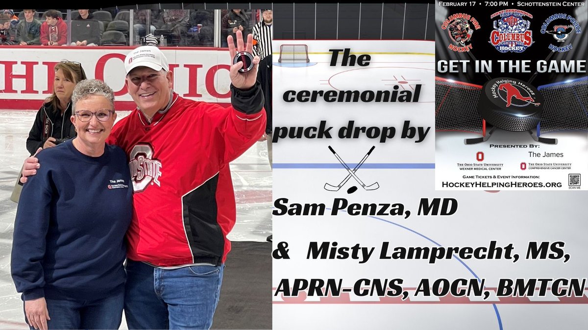 Last Saturday, Sam Penza, MD (<a href="/SamPenza/">Samuel Penza</a>), &amp; Misty Lamprecht, MS, APRN-CNS, AOCN, BMTCN were featured by doing the ceremonial puck drop. 🏒

Thank you <a href="/OhioStateMHKY/">Ohio State Men's Hockey</a>, <a href="/OSUCCC_James/">The James at Ohio State</a>, <a href="/ResponderHockey/">1stResponderFaceOff</a>, and <a href="/OSUWexMed/">The Ohio State University Wexner Medical Center</a> for the opportunity!