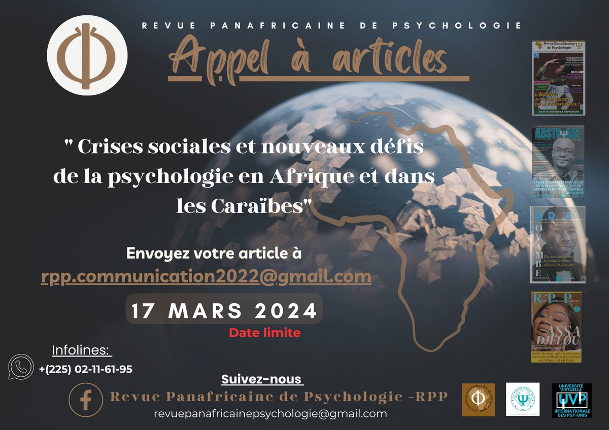 revue_rpp's tweet photo. BONNE NOUVELL!!!
Chers contributeurs et chercheurs en psychologie,
Nous vous informons que la date limite de soumission des articles pour la Revue Panafricaine de Psychologie - RPP a été repoussée jusqu'au 17 Mars 2024. Veuillez noter qu'il s'agit d'un délai de rigueur.
😃😃😃😃 https://t.co/O8OUqbLzw6