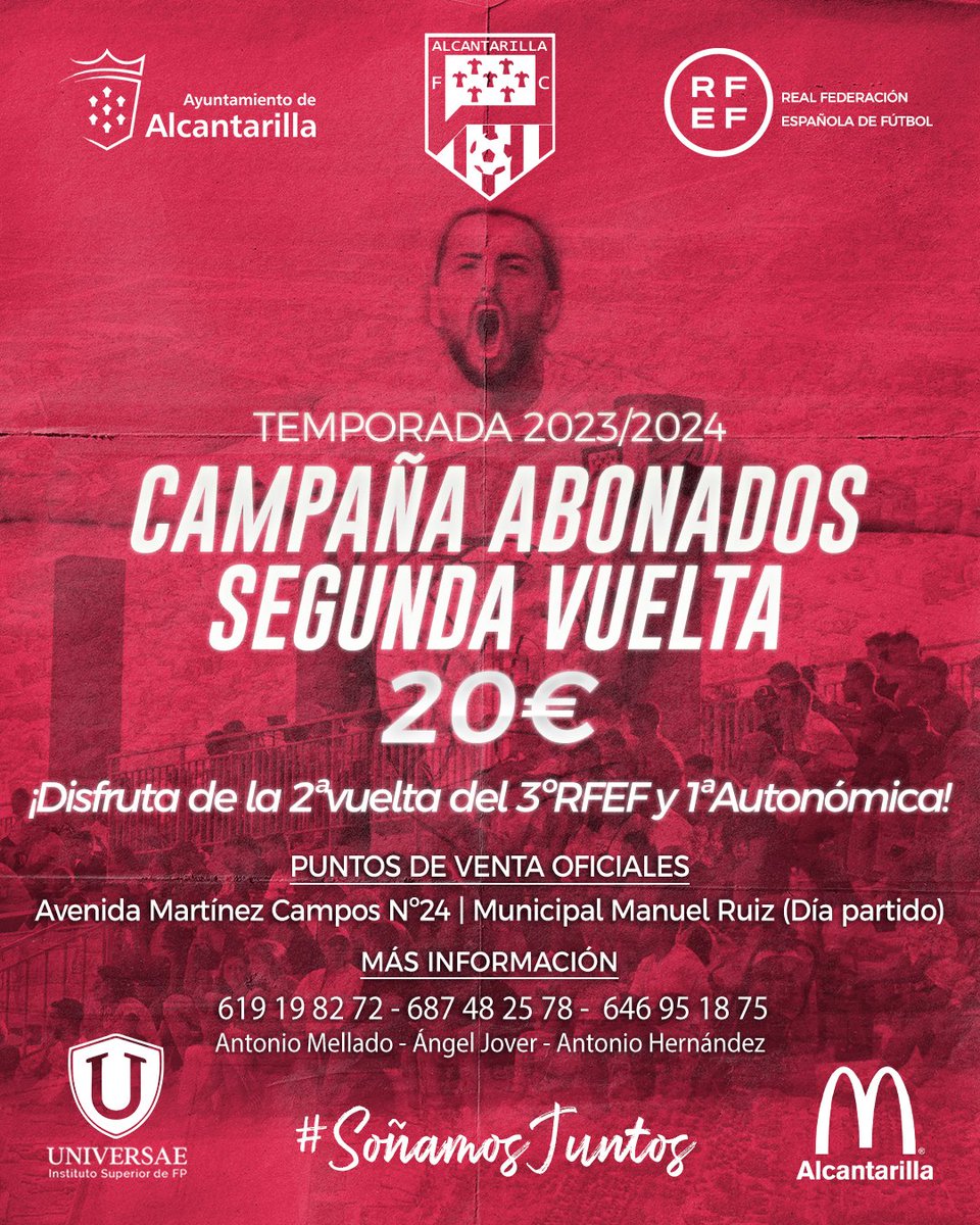 💳𝗔𝗕𝗢𝗡𝗢 𝗦𝗘𝗚𝗨𝗡𝗗𝗔 𝗩𝗨𝗘𝗟𝗧𝗔 𝟮𝟯-𝟮𝟰 💳

😍¡Disfruta de esta apasionante 2ª vuelta de nuestro #TerceraFederación y #1ªAutonómica por solo 20€!

🙌⚽️ ¡Vive el fútbol en la ciudad de #Alcantarilla!

👨‍👩‍👧‍👦¡Únete a la familia rojiblanca!

#SoñamosJuntos ❤️🤍