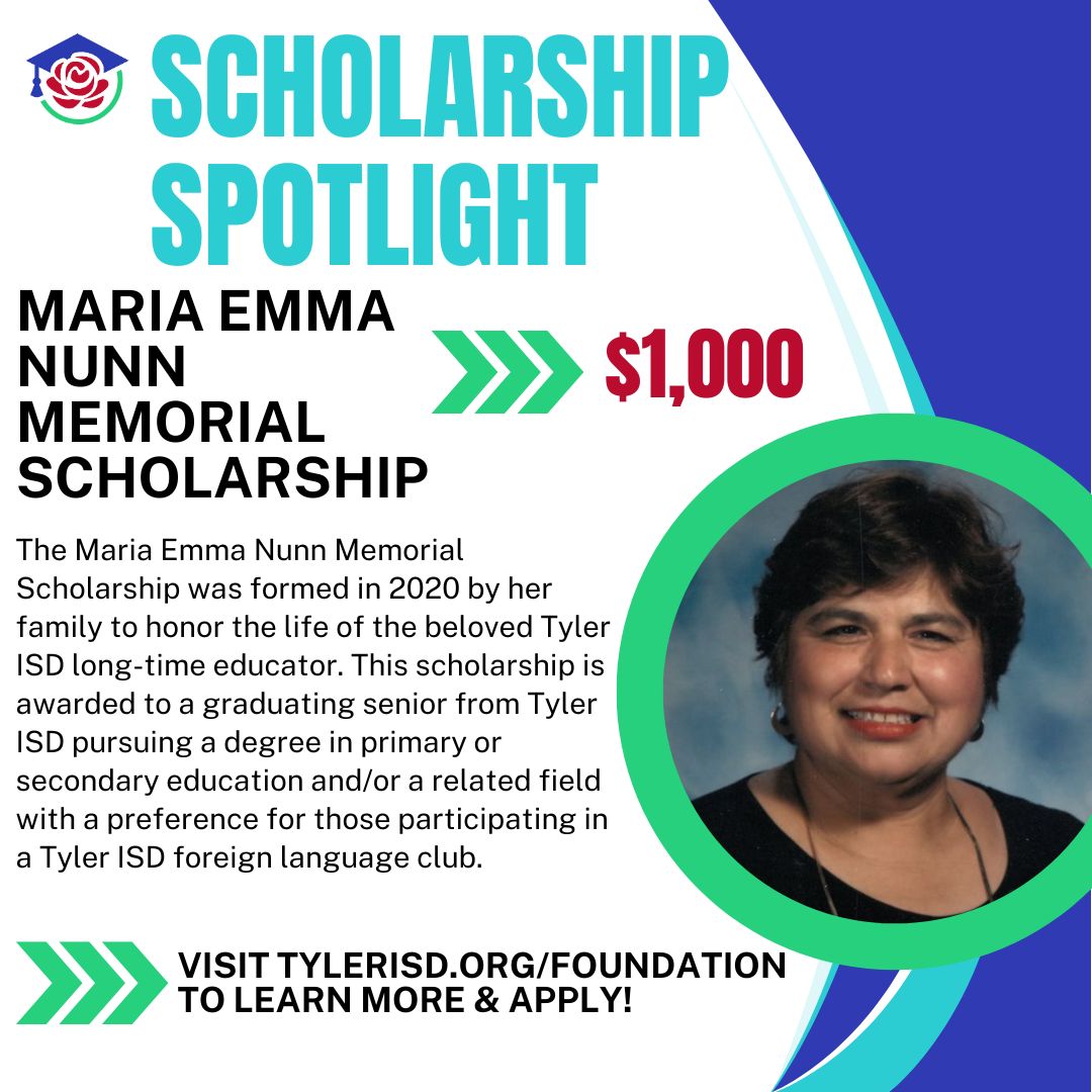Tyler ISD Foundation (@tisdfoundation) on Twitter photo #ScholarshipSpotlight: The Maria Emma Nunn Memorial Scholarship awards $1,000 annually to <a href="/tylerisd/">Tyler ISD 🏛</a> graduating seniors pursuing a degree in primary or secondary education. Visit tylerisd.org/foundation to learn more about all our scholarships & to apply online! #TylerISD #ScholarshipSpotlight: The Maria Emma Nunn Memorial Scholarship awards $1,000 annually to <a href="/tylerisd/">Tyler ISD 🏛</a> graduating seniors pursuing a degree in primary or secondary education. Visit tylerisd.org/foundation to learn more about all our scholarships & to apply online! #TylerISD