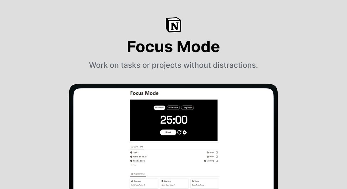 ThatsMrChris's tweet image. 🚨 Focus Mode Giveaway 🚨 
The Notion Focus Mode template will help you enhance focus, manage distractions, and increase productivity.  
Price: $12  
For the next 24 hours it's FREE  
To get it for free:    
• Like   
• Repost    
• Follow    
• Reply "Send"