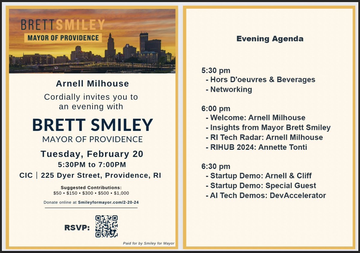 Tomorrow night, I'm hosting an evening with #Providence, RI #Mayor, Brett Smiley.  Come out to hear from the the Mayor, myself, Cliff Choiniere and Annette Tonti.  

We will also have several #AI #Startup demos take place after the mayor speaks.  

RSVP:  meetup.com/codenightpvd/e…