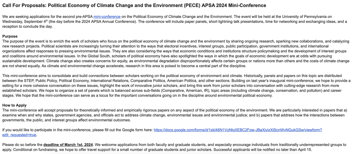 Call For Proposals: Political Economy of Climate Change and the Environment (PECE) APSA 2024 Mini-Conference forms.gle/c7tCUxKtNvsD3g… To be hosted at Penn in advance of APSA on 9/4/24 in Philadelphia. Applications are due March 1st!