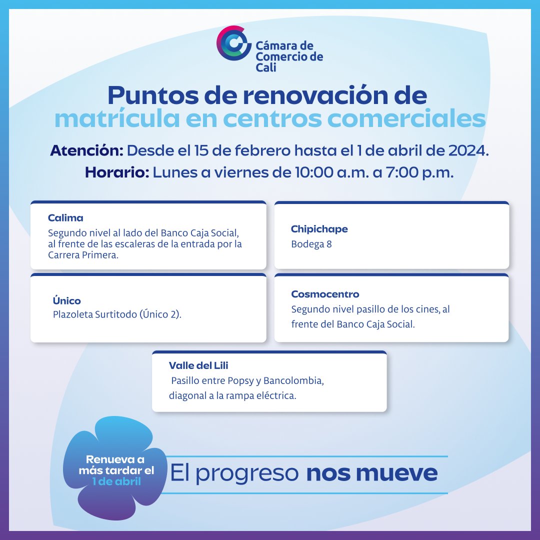 camaracali's tweet photo. Empresario🗣, aquí te compartimos los centros comerciales donde puedes renovar tu matrícula en #Cali.📍

👩‍💻Recuerda que también puedes ahorrar tiempo y desplazamientos renovando en línea en nuestra #SedeVirtual👉https://t.co/NBUvmohPEY 

📌Renueva a más tardar el 1 de abril.

#ElProgresoNosMueve #ProgresoParaTodos