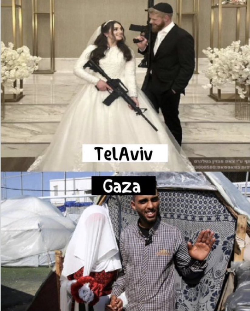 ManalBarbar's tweet photo. @KhaledSafi Israeli civilian newlyweds
And two Palestinian terrorist brides
This summarizes the Western world's view of events in Gaza https://t.co/09Tq46ZQs9