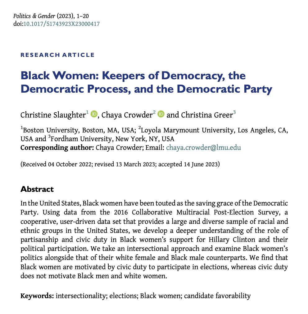 💫 New #PAG VSI on Black Women in American Politics  💫 @cmslaughter, @ChayaCrowder & @Dr_CMGreer  investigate Black women's motivations for voting in 'Black Women: Keepers of Democracy, the Democratic Process, and the Democratic Party'
🌟 #OpenAccess 🌟 cambridge.org/core/journals/…