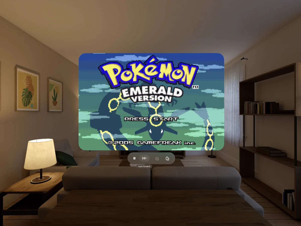 visionOS Simulator living room with GBA4vOS running Pokemon Emerald