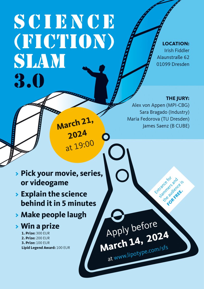 Lipotype_Global's tweet photo. Join us for Science (Fiction) Slam 3.0 on March 21 at the Irish Fiddler in Dresden-Neustadt, 19:00! Share the science behind your fav movie, series, or game in a 5-min slam! 
More info ▶ https://t.co/ZX9TaoPwjT

#ScienceSlam #Dresden #Lipotype #Lipidomics https://t.co/ZSnqNpnmtf