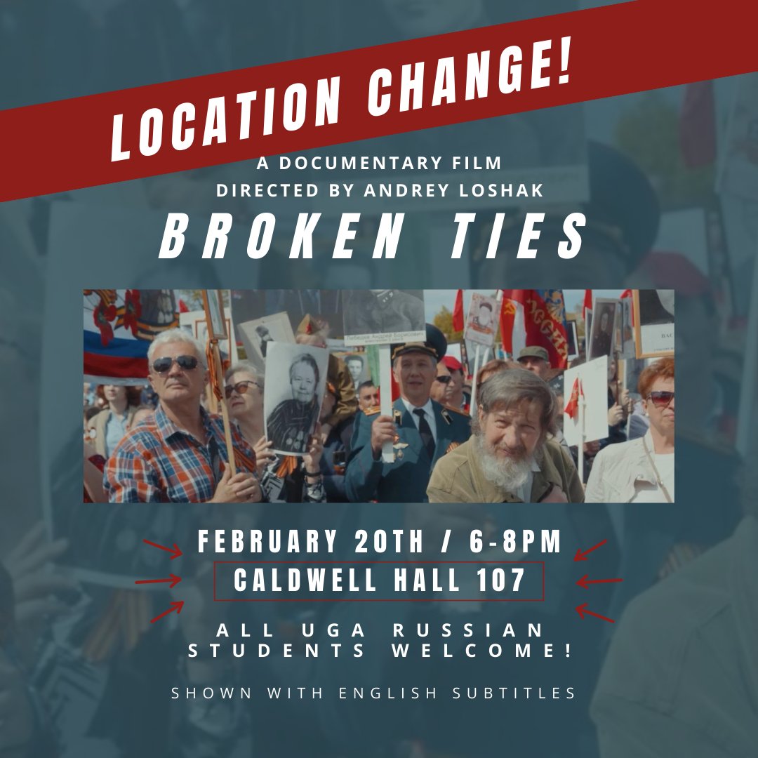 LOCATION CHANGE NOTICE! The Russian Program will be hosting a screening of Andrey Loshak's documentary film 'Broken Ties' tomorrow, Feb 20th. Please note that the film will be shown in CALDWELL HALL 107. We will NOT be in the Fine Arts hall.
