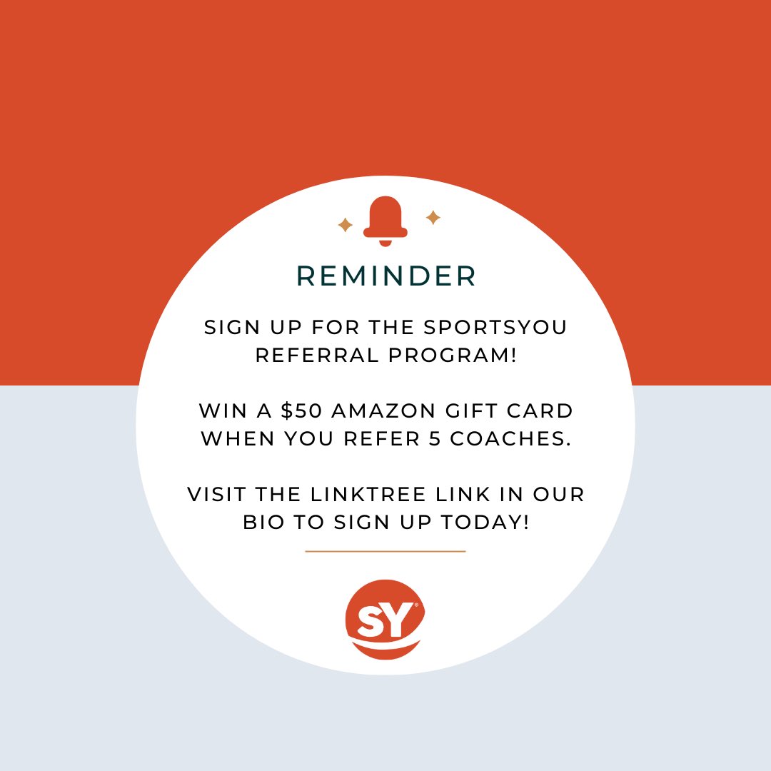 Join our sportsYou referral program to win a $50 Amazon gift card when you refer 5 coaches!! 🌟 Click the linktree link in our bio to sign up today! #referralprogram #sportsyou #sportscommunication