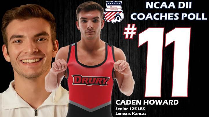 Drury_Wrestling's tweet image. @cadenhoward11 has made his first appearance in the NCAA DII National Rankings at 125 pounds in the most recent coaches poll conducted by the National Wrestling Coaches Association.