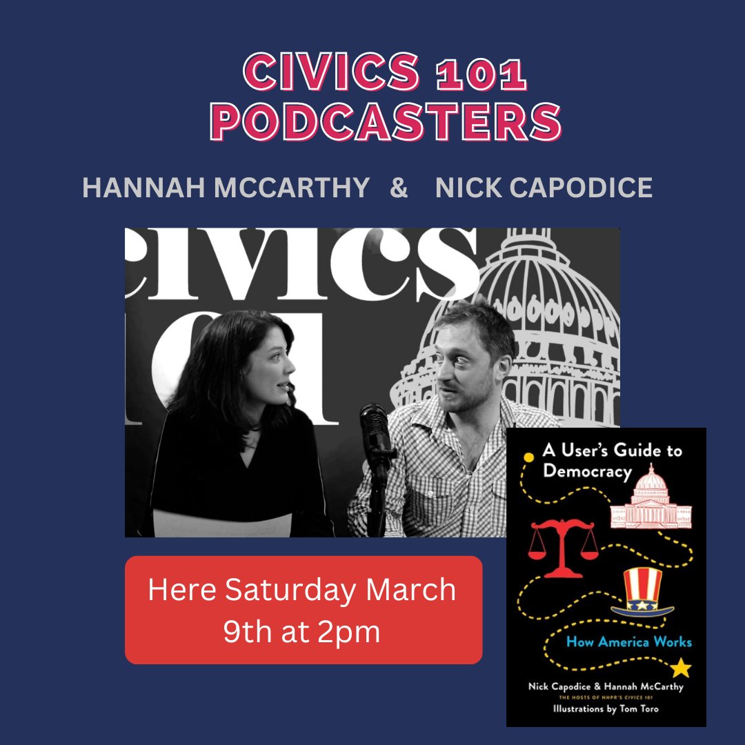 Civics 101 Podcasters Hannah McCarthy and Nick Capodice discuss "A USERS GUIDE TO DEMOCRACY"
at Balin Books on Saturday March 9th @ 2pm. balinbooks.com/event/2024-03-…