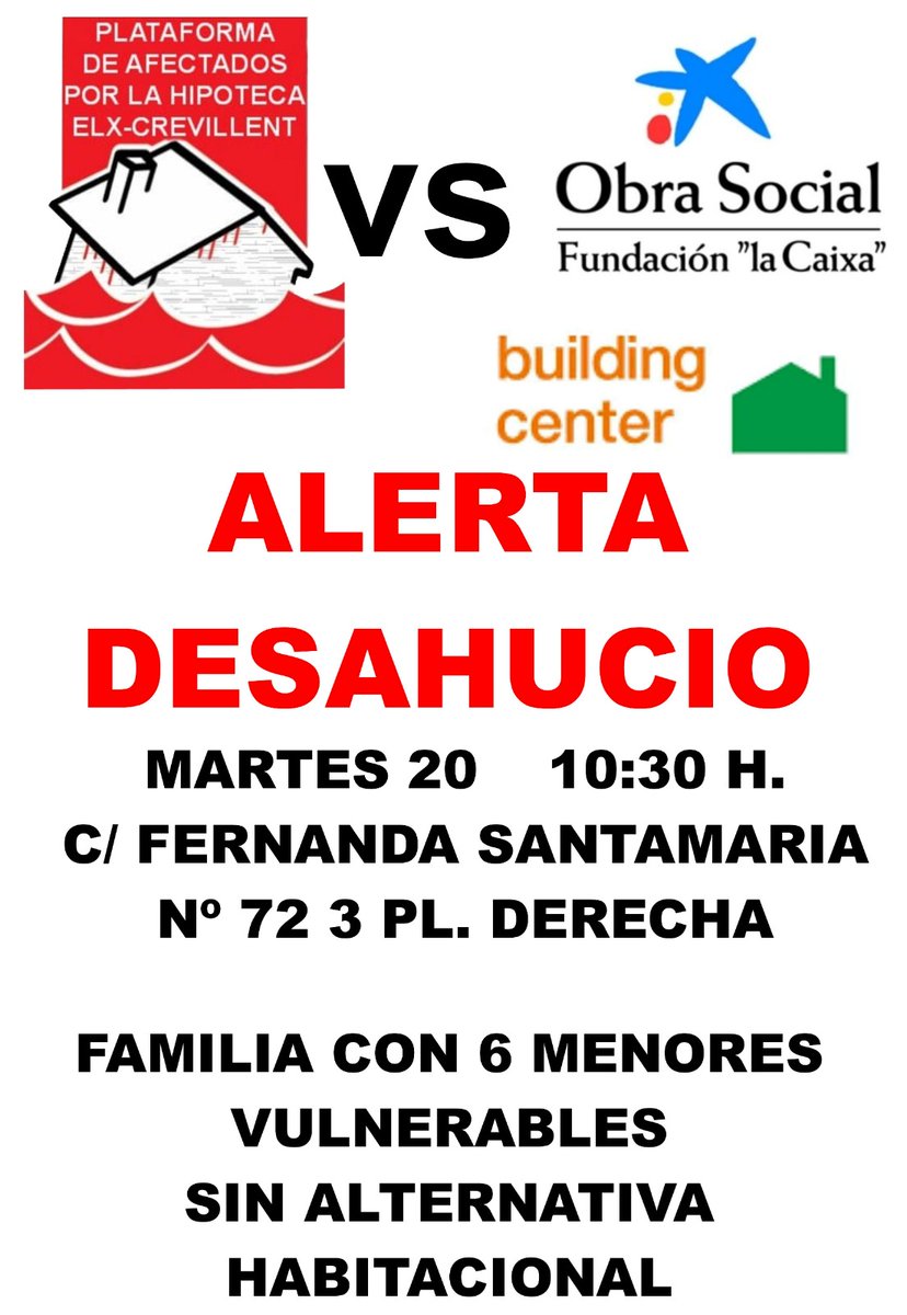 PAH_ELX's tweet photo. @caixabank 
@obrasocialdecaixabank
@Buildingcenter
Quieren desahuciar a Familia con 6 hijos menores sin alternativa habitacional 
Aún estando aprobada por el Gobierno Central la prolongación del Escudo Social hasta el 31/12/2024
No lo vamos a permitir, NI CASAS SIN GENTE NI GENTE https://t.co/oeUnTnsKBy