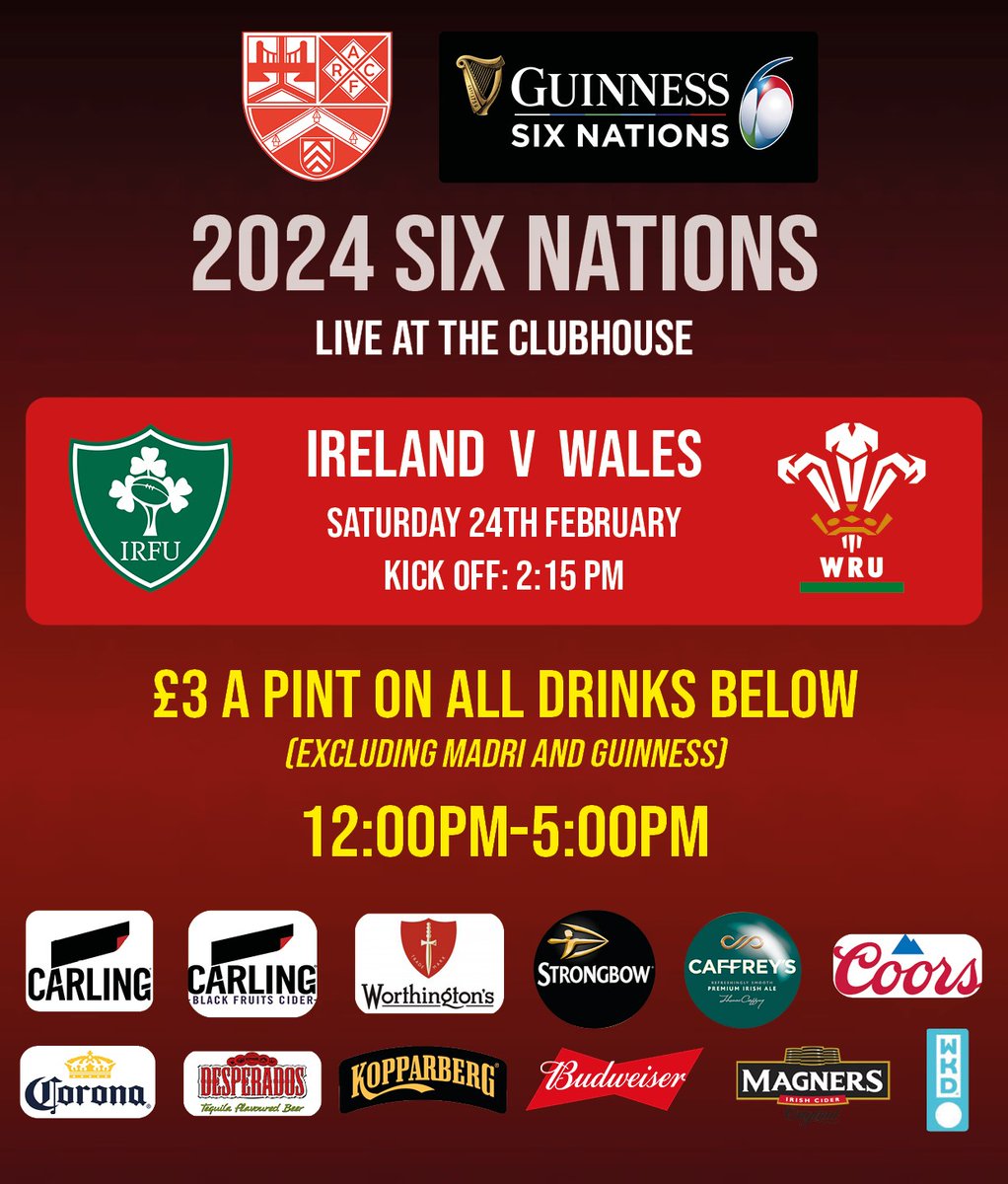 🏴󠁧󠁢󠁷󠁬󠁳󠁿 🏉 𝐒𝐈𝐗 𝐍𝐀𝐓𝐈𝐎𝐍𝐒 𝐃𝐑𝐈𝐍𝐊𝐒 𝐎𝐅𝐅𝐄𝐑 🍺

A reminder that we'll be showing live coverage of all Six Nations games on the big screens at the clubhouse this weekend, including Ireland v Wales!

Fixture details / drinks offer in the poster below 🔽

#Ymlaen #GuinessM6N