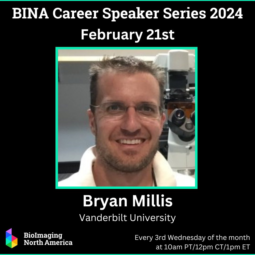 Two exciting presentations this week! 📢 Tues. Feb 20- Sci Speaker Series - Sharonda LeBlanc presents 'Revealing biological pathways with time-resolved fluorescence' Wed. Feb 21 - Careers Speaker Series - @MillisBryan shares about his career pathway! bioimagingnorthamerica.org/activities/