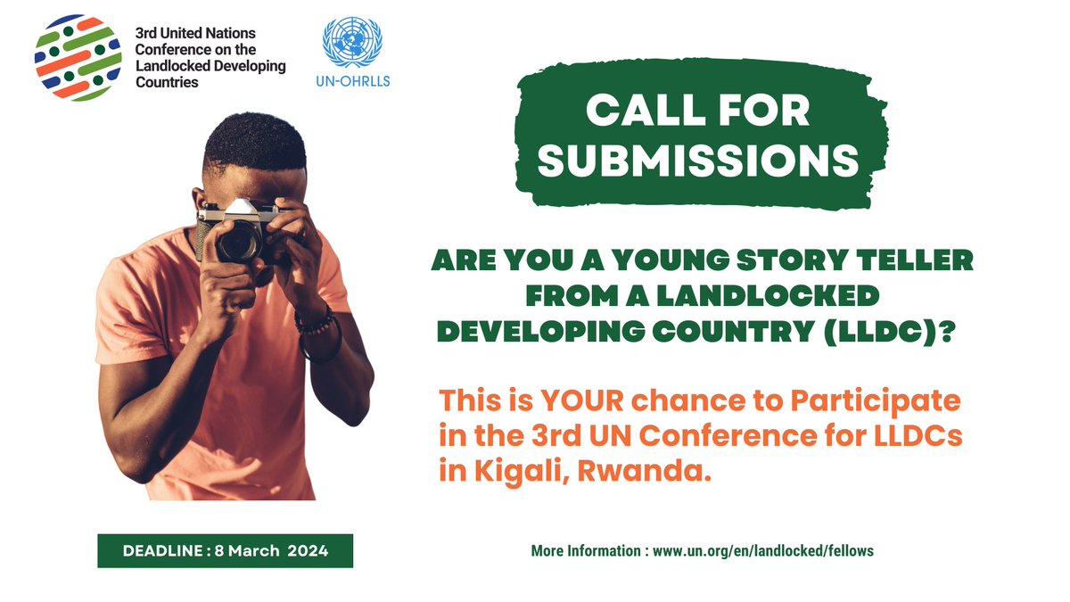 .@UNOHRLLS is looking for passionate young people from #LLDCs to submit creative digital content showcasing the unique experiences of youth in these countries 📣 This is your chance to share your ideas & attend #LLDC3 in Kigali 🙌 🔗 un.org/en/landlocked/…