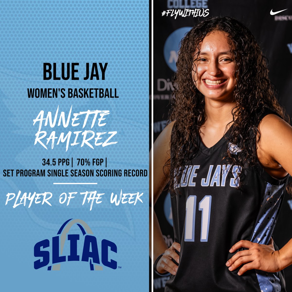 WC_BlueJays's tweet photo. Annette Ramirez was named the @SLIAC women's basketball player of the week after averaging 34.5 points per game and shooting 70% from the field. Ramirez capped off the regular season by setting a new single-season scoring mark for the Blue Jays, scoring 526 points on the year. https://t.co/zaAPsoaJ1l