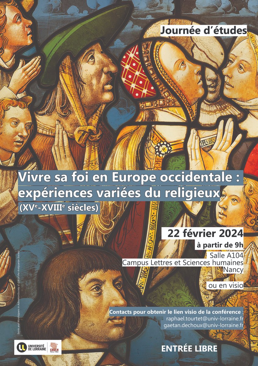 Ce jeudi 22 février en salle A104 aura lieu au @clsh_nancy la journée d'études "Vivre sa foi", organisée par <a href="/RaphaelTourtet/">Raphaël Tourtet</a> et <a href="/DechouxG/">Dechoux Gaëtan</a>, avec plusieurs jeunes chercheurs. Programme disponible sur la page du @CRULH3945.
crulh.univ-lorraine.fr/manifestations…