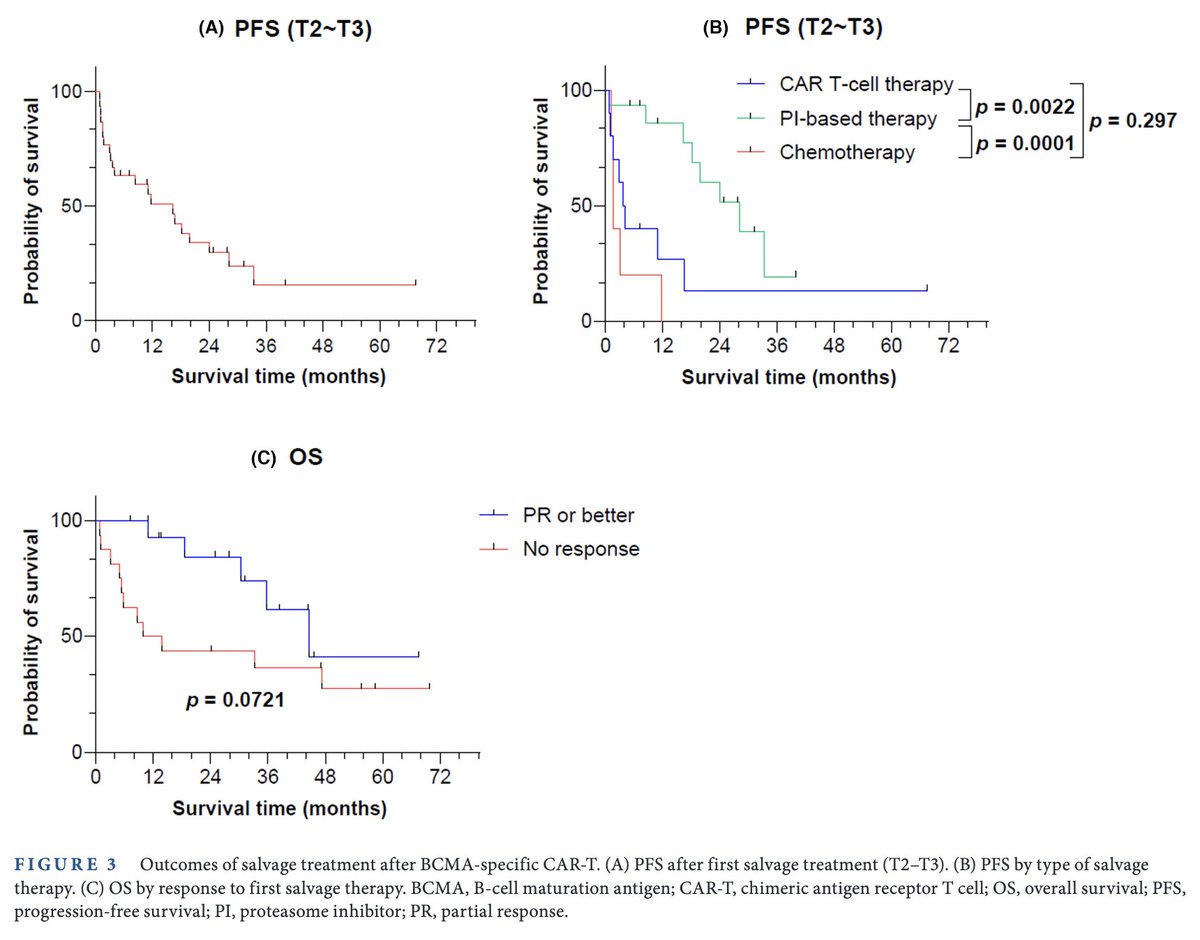 #Myeloma Paper of the Day: Study of outcomes in patients receiving salvage after BCMA-specific CAR-T on LEGEND-2 finds median PFS was 16.3 months w/ better outcomes if had proteasome inhibitor-based combination but worse with extramedullary disease: pubmed.ncbi.nlm.nih.gov/38369805/.