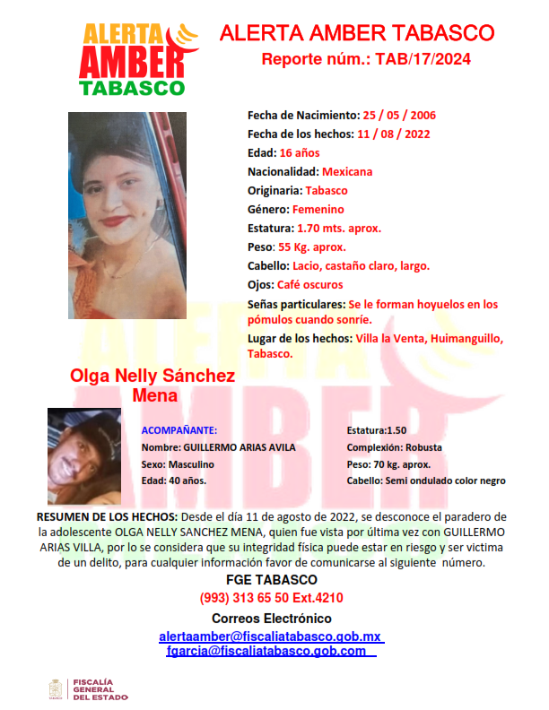 Personas Desaparecidas Tabasco, desactiva cédula de alerta amber a nombre de  la adolescente OLGA NELLY SANCHEZ MENA.