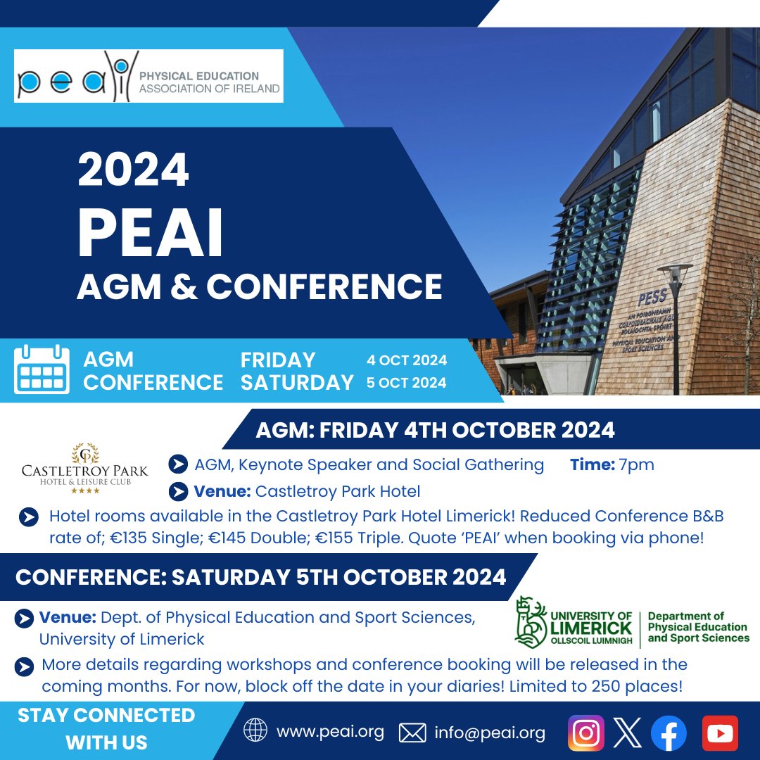📢 PEAI AGM & Conference 2024 announcement! We are delighted to share the news that we will be hosting our 2024 AGM and Conference in Limerick this coming October! Our AGM will be held on Friday 4th Oct @CastletroyPark & our Conference on Saturday 5th Oct @PessLimerick #PEAI #PE